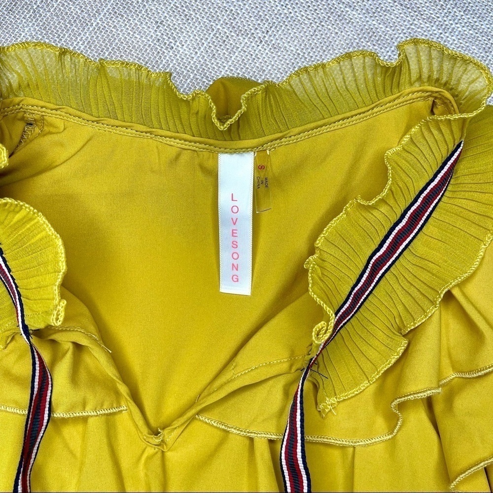 Love Song Mustard Yellow Ruffled High Neck Collared Blouse - Picture 9 of 11
